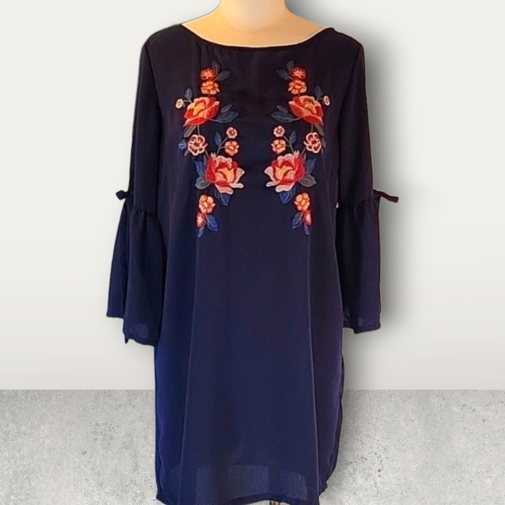 Flying Tomato Embroidered Floral Rose Tunic Shift Dress